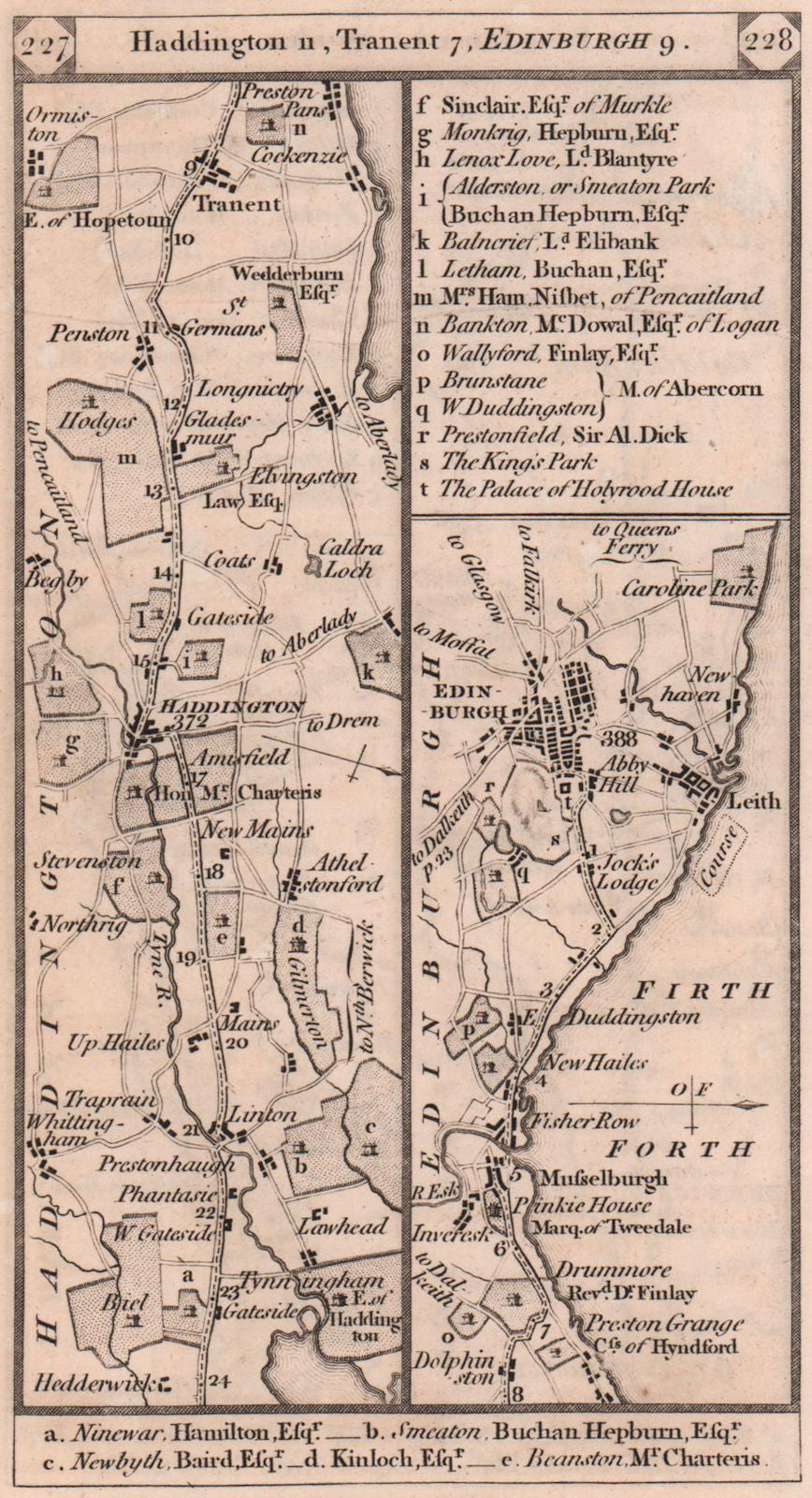 Linton-Haddington-Musselburgh-Edinburgh-Leith road strip map PATERSON 1803
